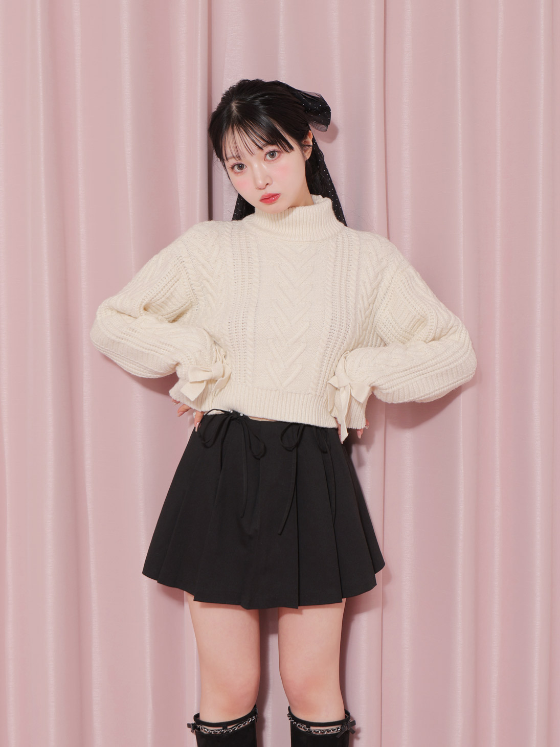 【sale】Heart cable ribbon knit tops (eme10249)