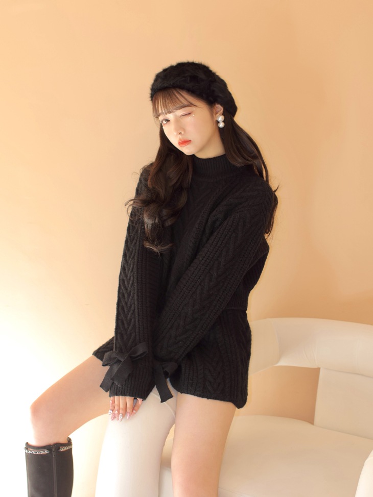 【sale】Heart cable ribbon knit tops (eme10249)