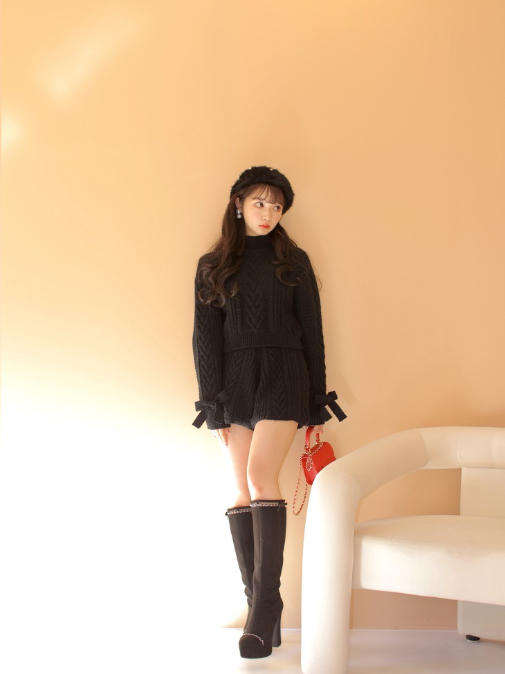 【sale】Heart cable ribbon knit tops (eme10249)