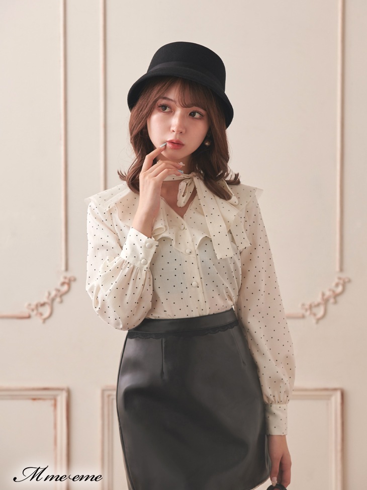 M me eme／【sale】Dot flocky ruffle ribbon blouse (eme10228