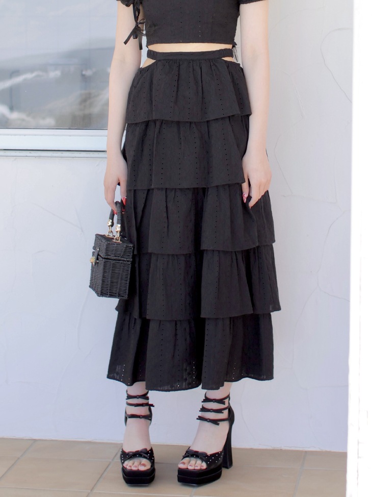 m me eme エムミーエメ Tiered denim long skirt