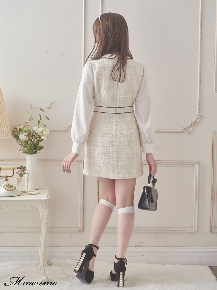 完売品M me eme エムエメ　メゾンツイードミニワンピース　WHT 　新品 M me eme エムエメメゾンツイードミニワンピース