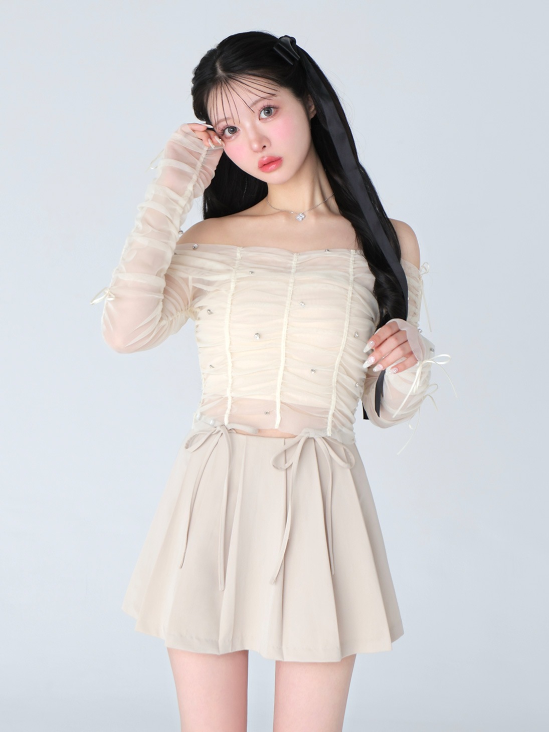 M me eme／Side ribbon bijou off shoulder sheer tops(eme10469