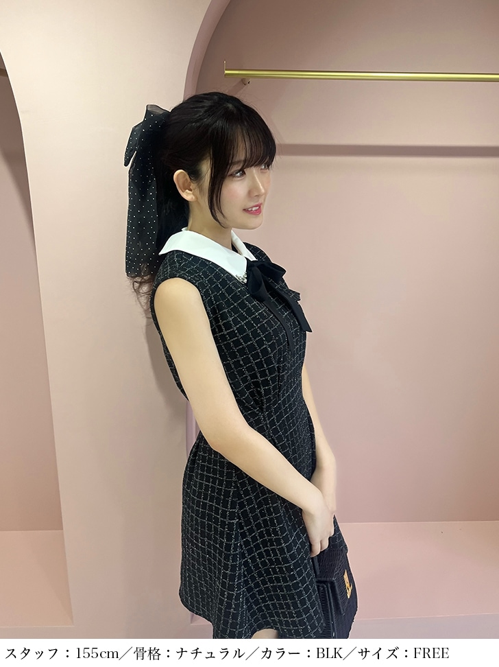 m me eme ビジューカラーリボンミニワンピースブラック