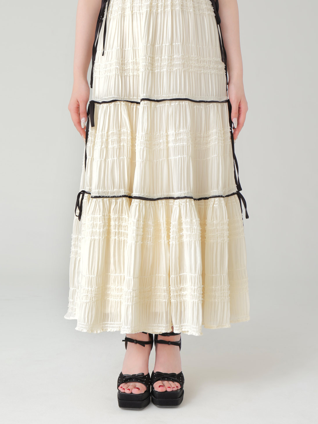 M me eme／Side ribbon tiered chiffon long onepiece(eme10385