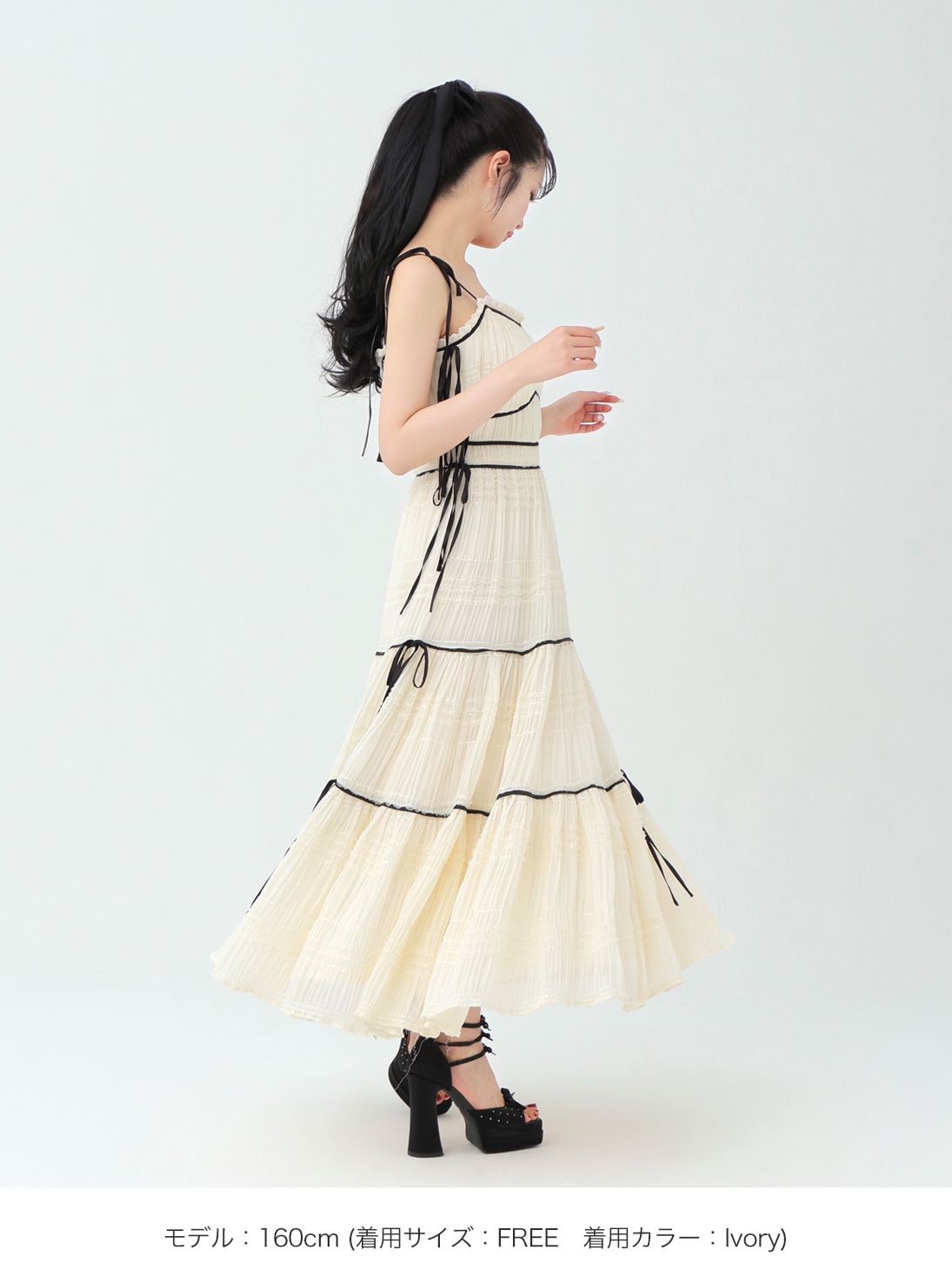 M me eme／Side ribbon tiered chiffon long onepiece(eme10385