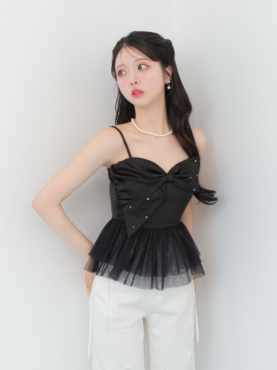 【summer SALE】Ribbon bijou peplum cami bustier(eme10482)