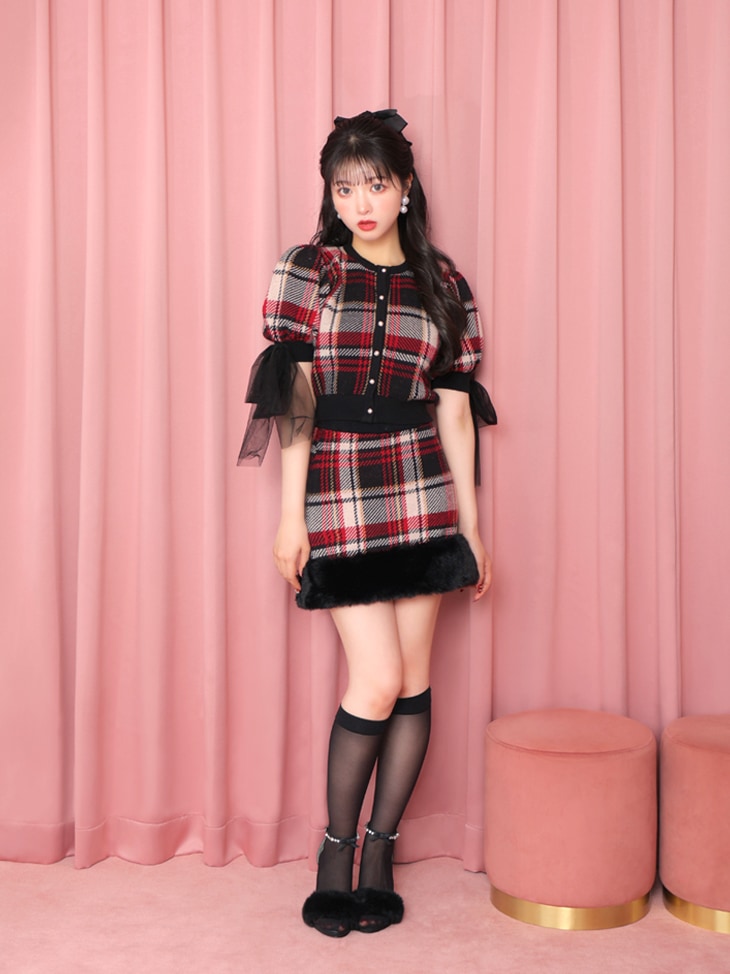 Check knit ribbon tops(eme10364)