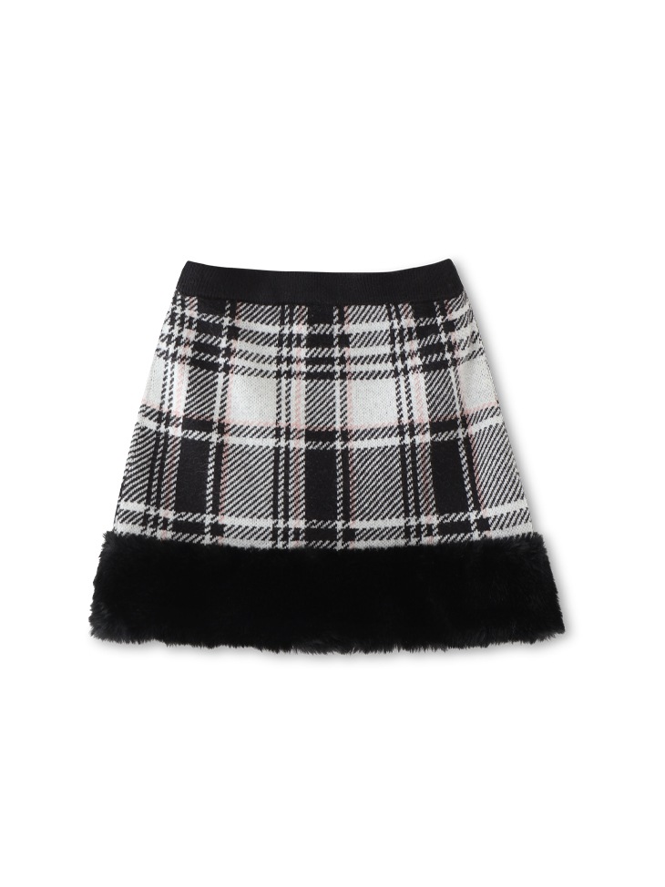 Check knit fake fur skirt(eme10365)