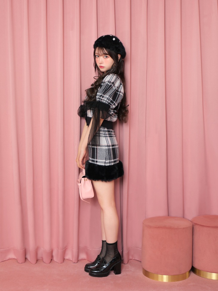 Check knit fake fur skirt(eme10365)