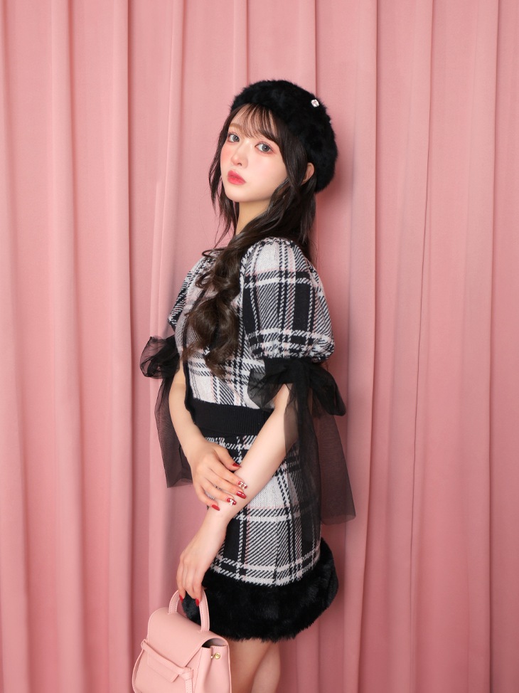 Check knit fake fur skirt(eme10365)