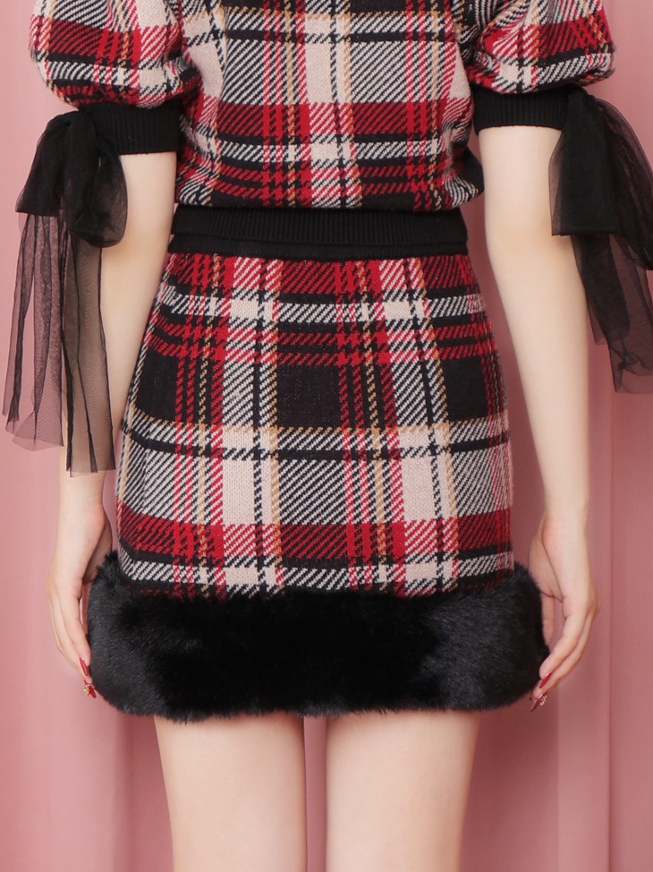 Check knit fake fur skirt(eme10365)