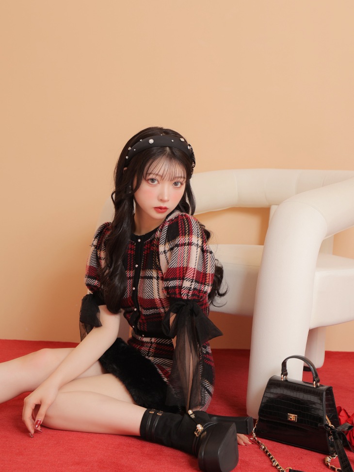 Check knit fake fur skirt(eme10365)