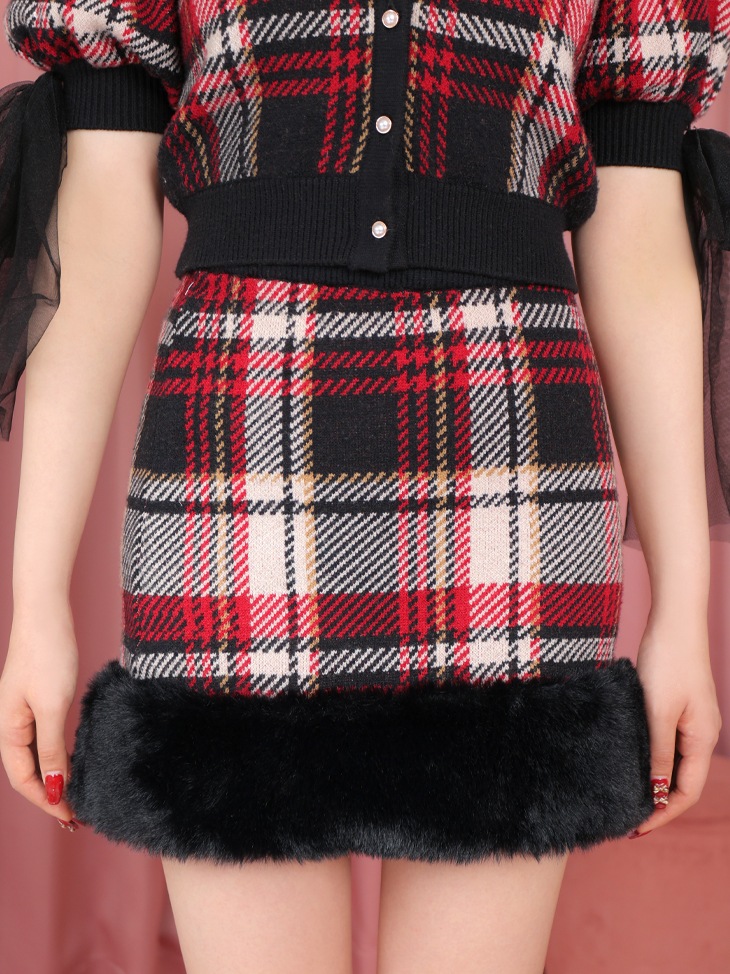 Check knit fake fur skirt(eme10365)