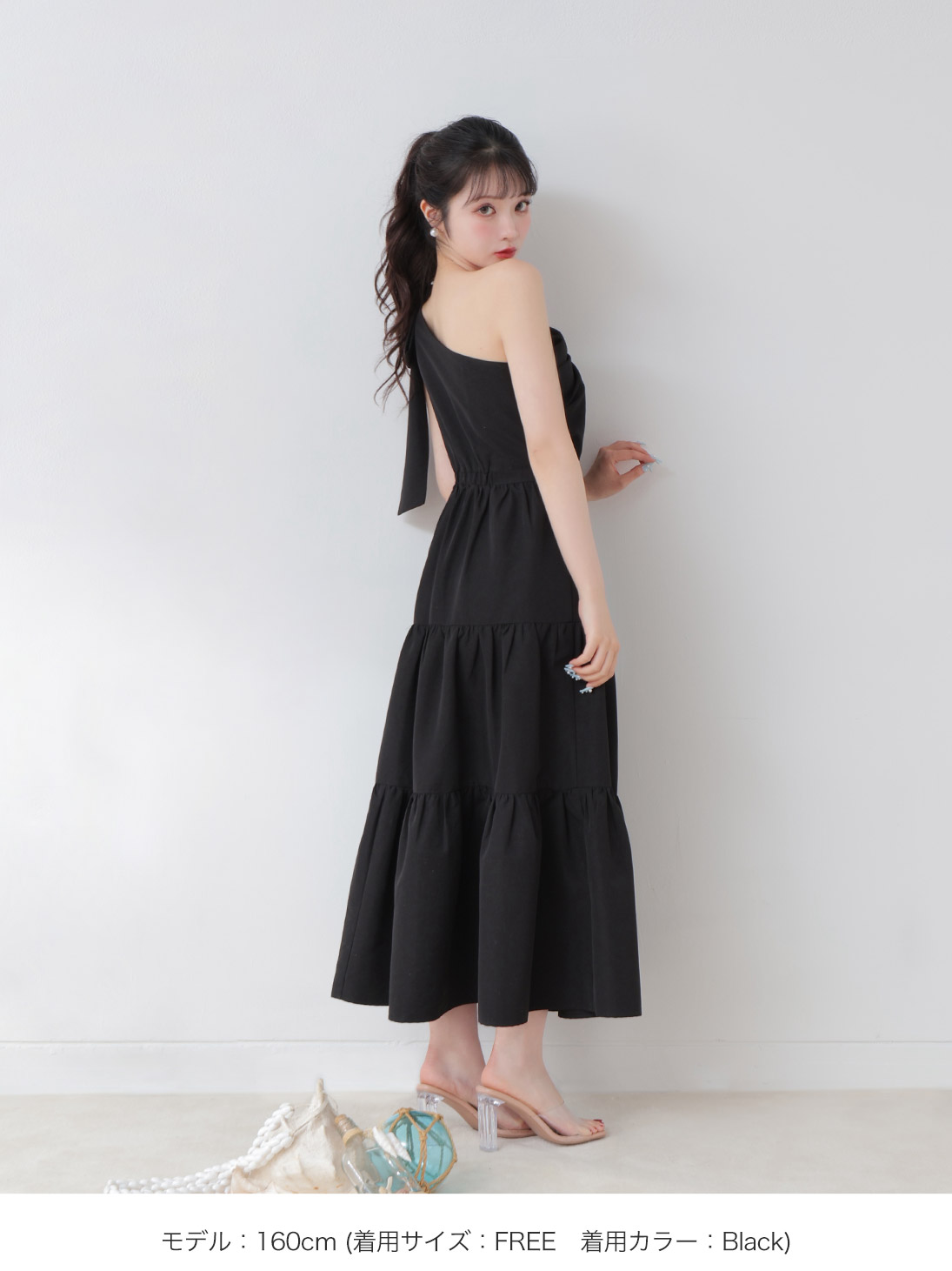 【summer SALE】One shoulder ribbon flare onepiece(eme10543)