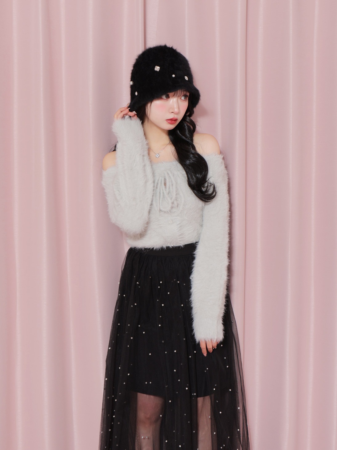 トップス mmeeme Decollete cut tulle ribbon tops M me eme/Ribbon off shoulder shaggy knit tops (eme10525