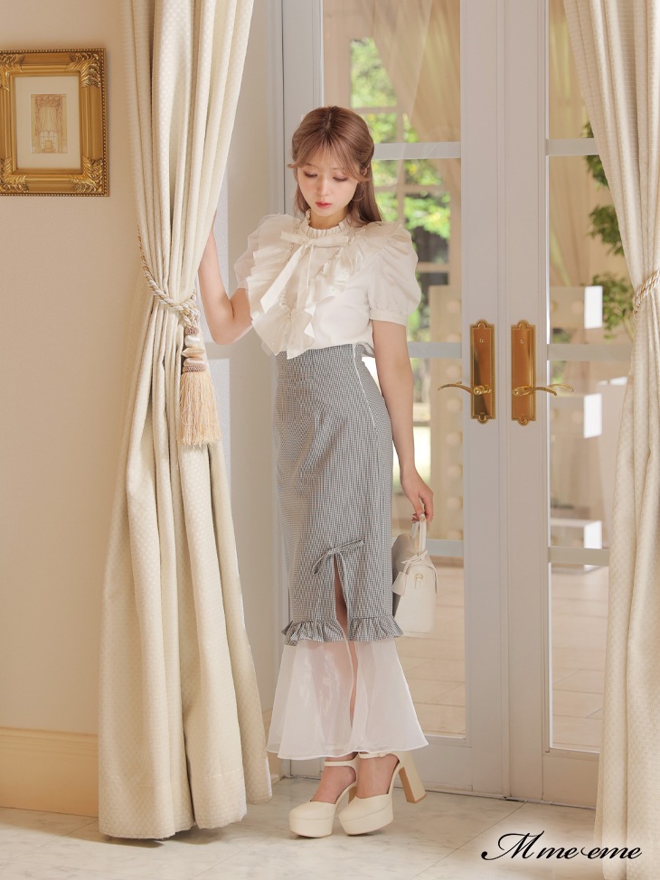 【sale】Pearl ruffle bow tie blouse (eme10224)