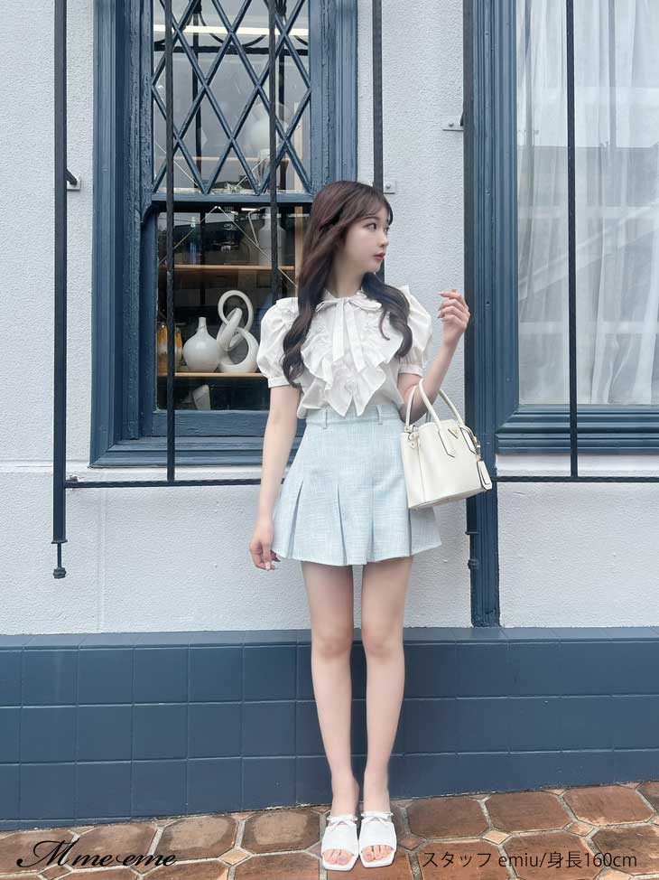 【sale】Pearl ruffle bow tie blouse (eme10224)
