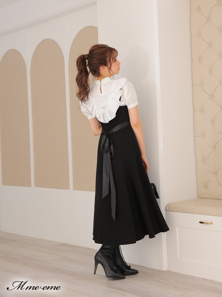【sale】Pearl ruffle bow tie blouse (eme10224)
