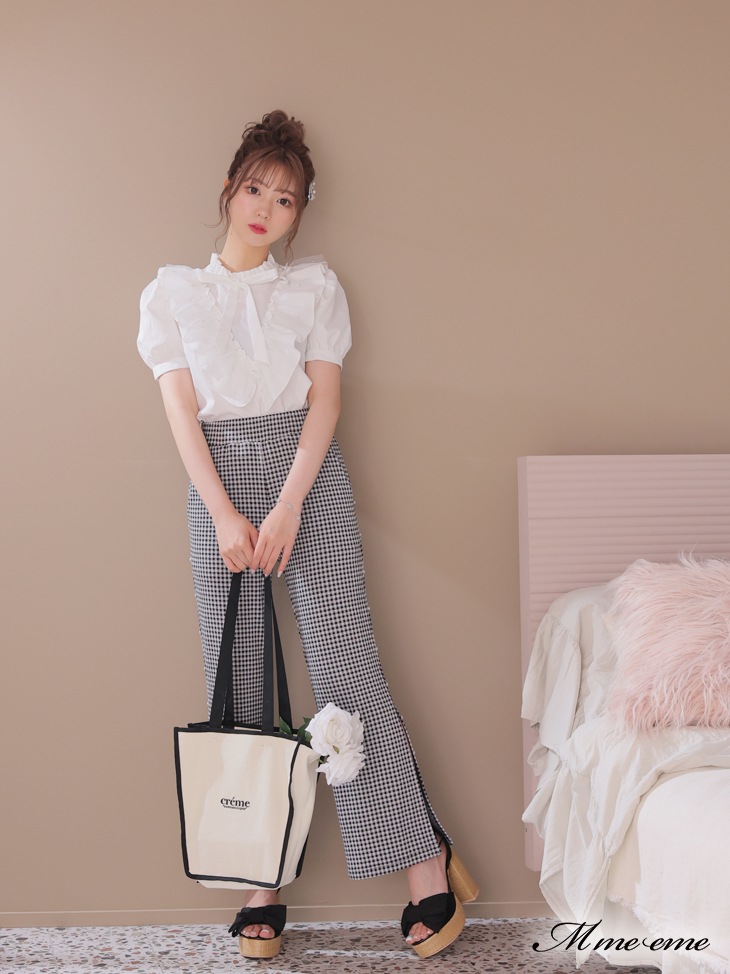 【sale】Pearl ruffle bow tie blouse (eme10224)