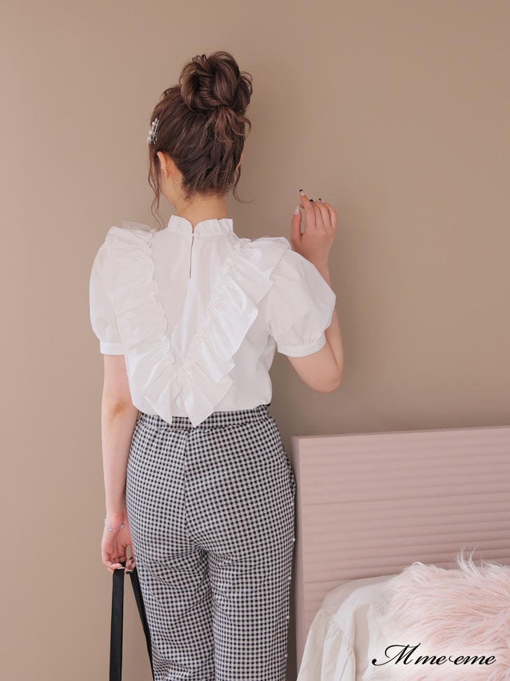 【sale】Pearl ruffle bow tie blouse (eme10224)