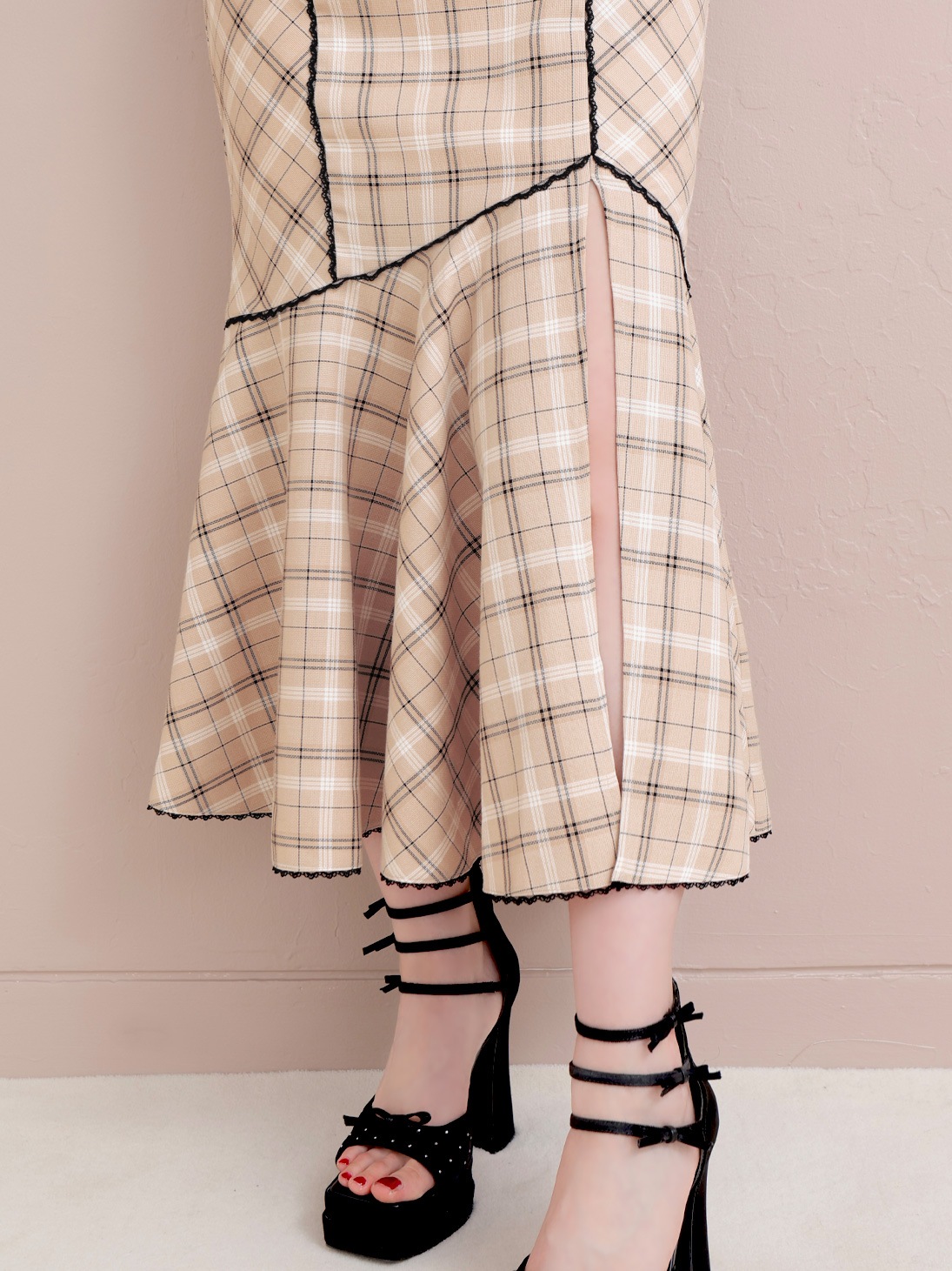 ワンピース mmeeme Ribbon check mermaid longonepeace M me eme／【Pre Order】Ribbon check mermaid onepiece【7月