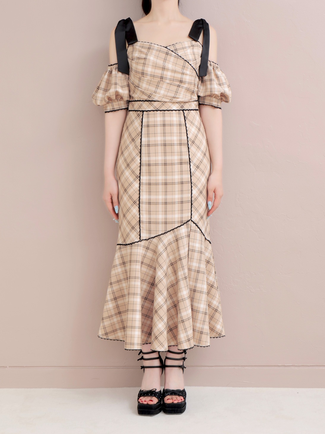 ワンピース mmeeme Ribbon check mermaid longonepeace M me eme／【Pre Order】Ribbon check mermaid onepiece【7月