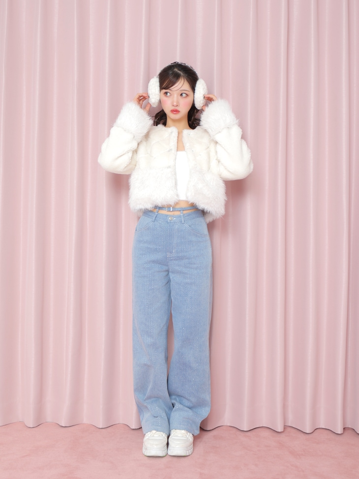 Mmeeme Vラインウエストリボンフレアデニム Fサイズ