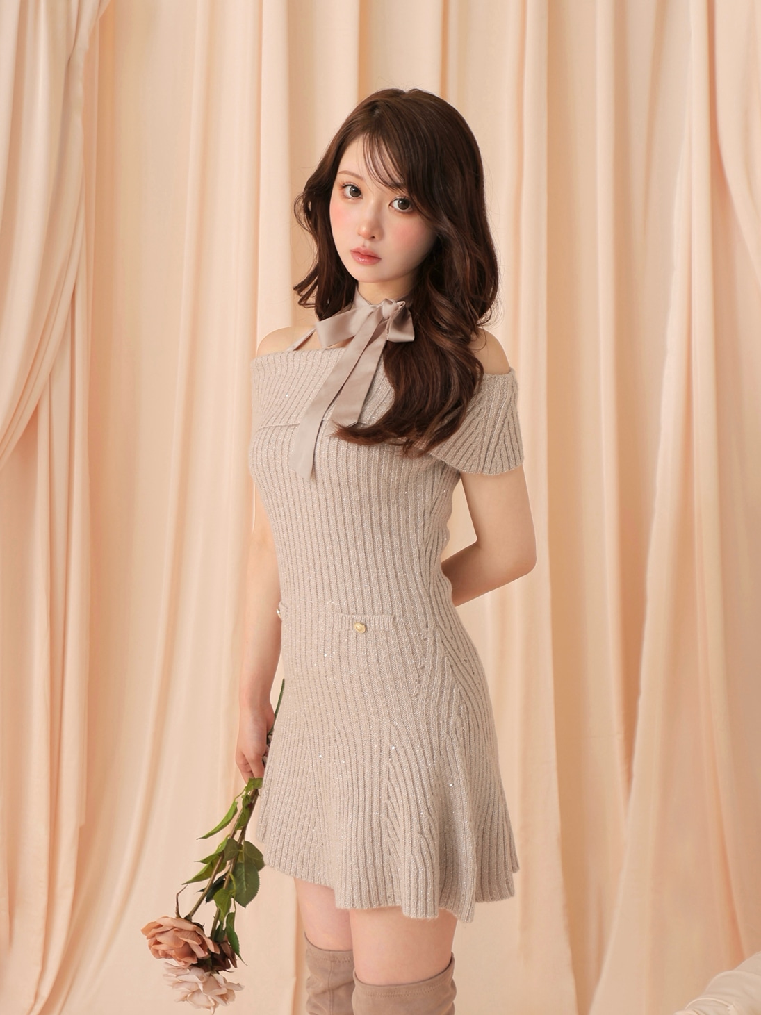 ワンピース amerge. offshoulder mini ribbon onepiece offshoulder mini ribbon onepiece(M BLACK/BEIGE): ワンピース
