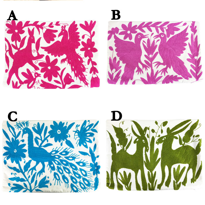 クッションカバー オトミ刺繍 ピンク×グレー系 動物 植物 花 メキシコ