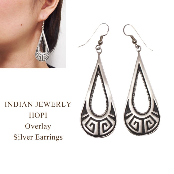 インディアンジュエリー ホピ オーバーレイ シルバー フック ピアス, INDIAN JEWELRY HOPI Silver  Earrings-NAVIE STORE