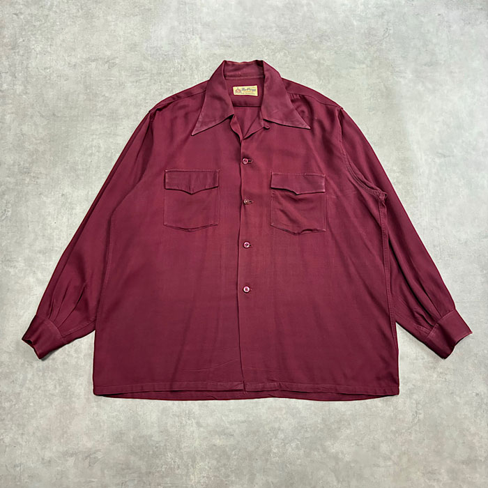 50'S Mac Phergus Sports Wear Rayon Open Collar Box Shirt Burgundy
