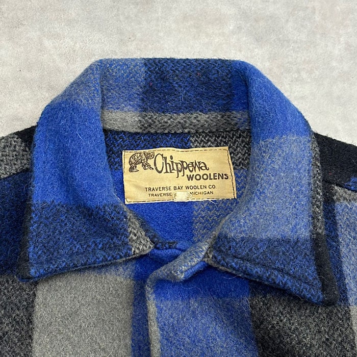 60's CHIPPEWA WOOLENS Block Check Wool Shirt M/Blue Made in USA 60