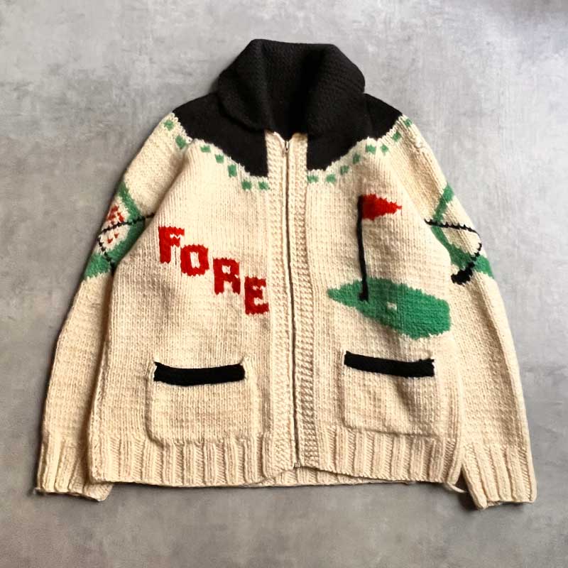 60sカウチンセーターLIGHTNING ZIP GOLF柄　ヴィンテージ 50-60'S Cowichan Golf Pattern Sweater Lightning Zipper 50-60