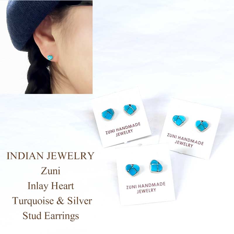 INDIAN JEWELRY Zuni Inlay Heart Turquoise Silver Stud Earrings