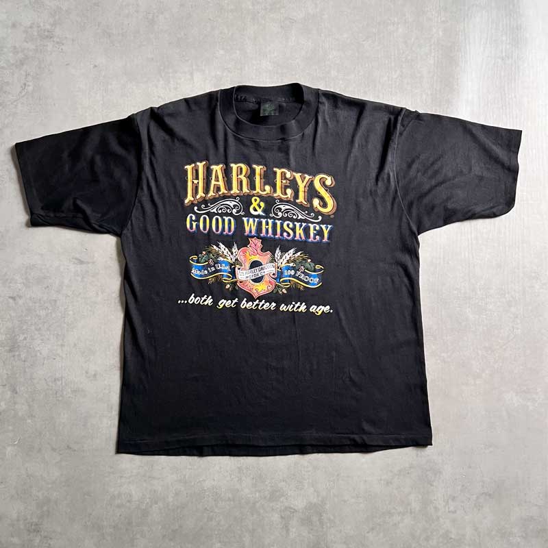 80'S HARLEY DAVIDSON 3D Emblem Good Wiskey Print T-Shirts BLACK/XL