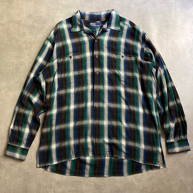 80s 90s ROBERT STOCK ノーカラー オンブレチェック シャツ 50s～60s/GAME&LAKE/Lanerossi/オンブレシャツ （60s Game and