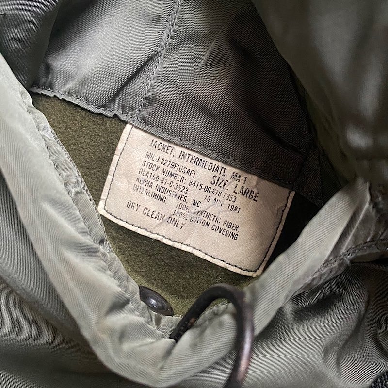 80'S USAF MA-1 MIL-J-8279F Flight Jacket LARGE フライト グランド