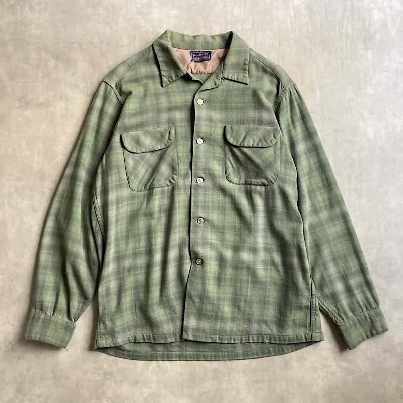 50's PENDLETON Wool Open Collar Box Ombre Check Shirts GRN/L Made