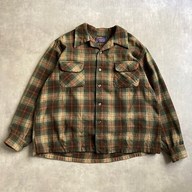 70's PENDLETON Wool Open Collar Box Check Shirts GRN・BRO/XL Made