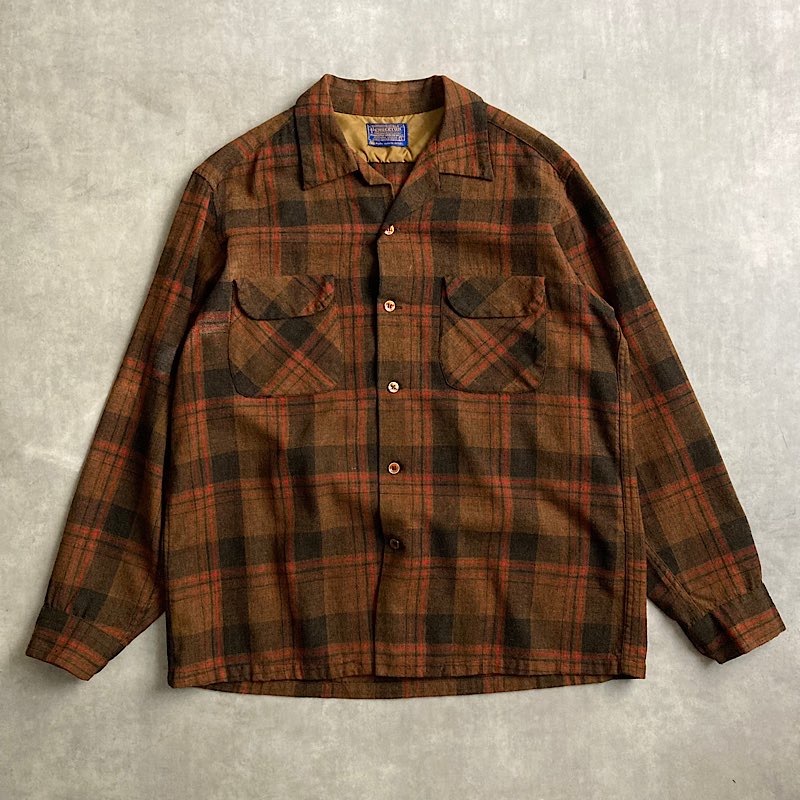 70's PENDLETON Wool Open Collar Box Check Shirts BROWN/L 70年代