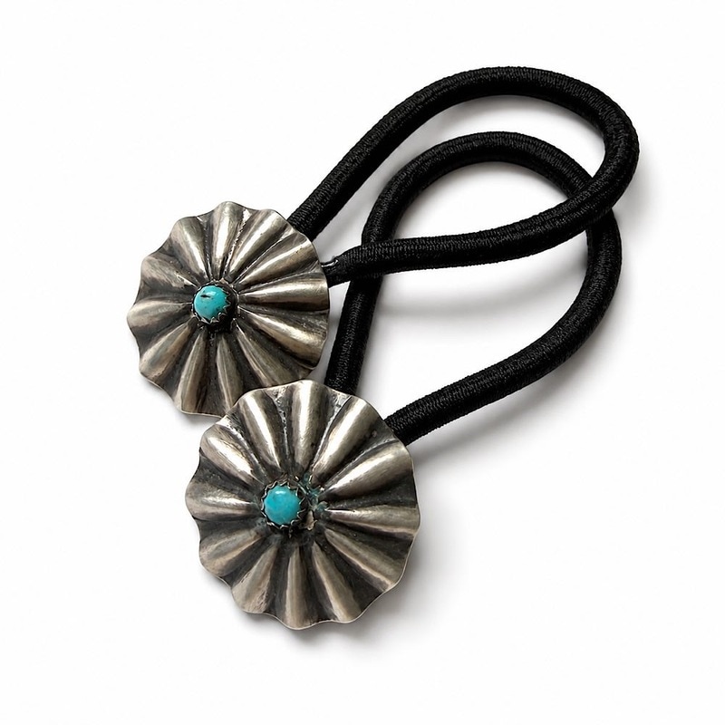 INDIAN JEWELRY NAVAJO Bump-out Turquoise Silver Concho Hair Tie