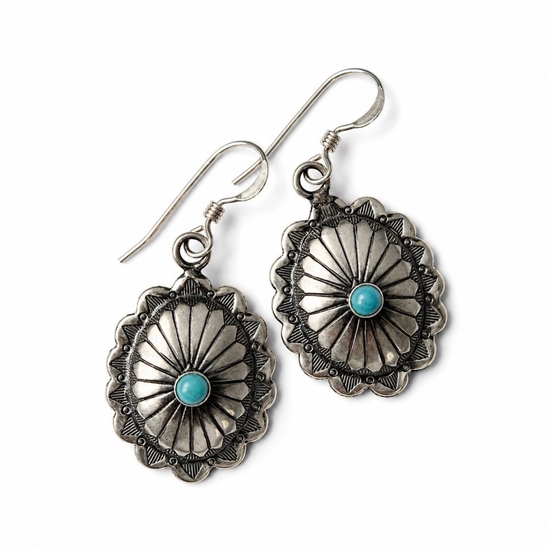 NDIAN JEWELRY NAVAJO Turquoise Siver Concho Hook earrings