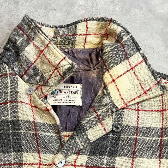 50's PENNEY'S TOWN CRAFT Open Collar Box Wool Shirts Size S 50年代