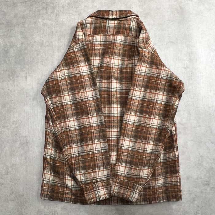 70's PENDLETON WOOL OPEN COLLAR CHECK SHIRTS BROWN/S Made in USA