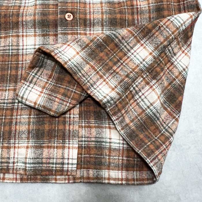 70's PENDLETON WOOL OPEN COLLAR CHECK SHIRTS BROWN/S Made in USA
