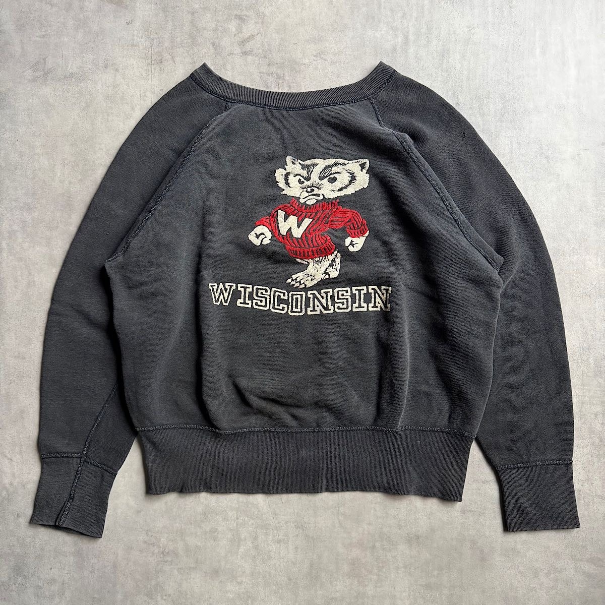 60's WISCONSIN UNIVERSITY Color Flocked Print Raglan Sweat Shirt