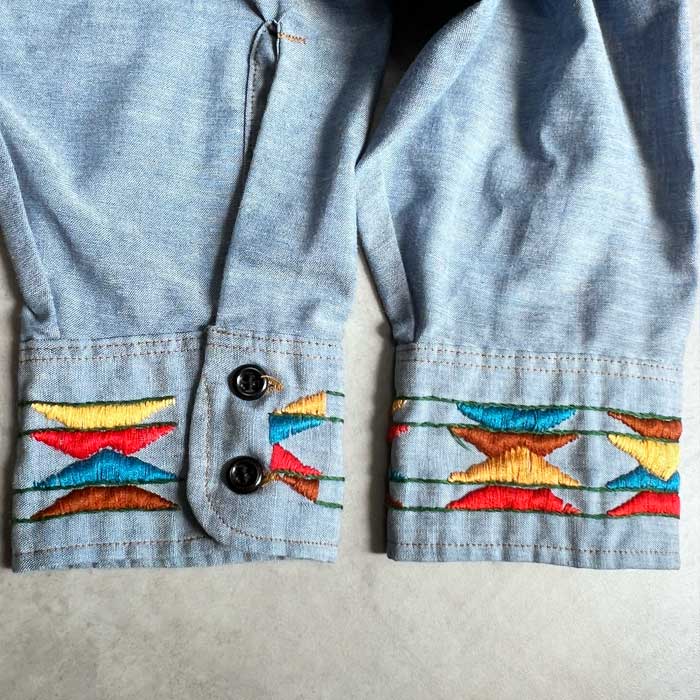 ボリス ビジャン サベリ / 硫化染め+水染めテレコレイヤード LS Tシャツ 70'S Levi's CHAMBLEY EMBROIDED LONG SLEEVE SHIRT BLUE/L 70