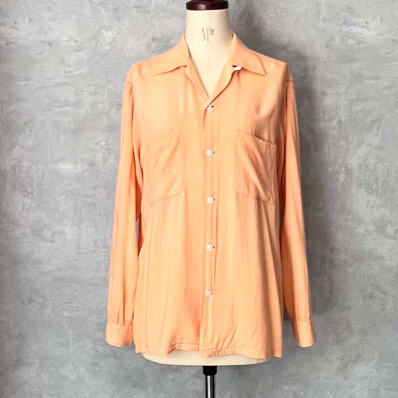 60'S DONEGAL Open Collar Long Sleeve Rayon Shirts SALMON