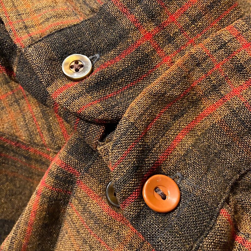 70's PENDLETON Wool Open Collar Box Check Shirts BROWN/L 70年代